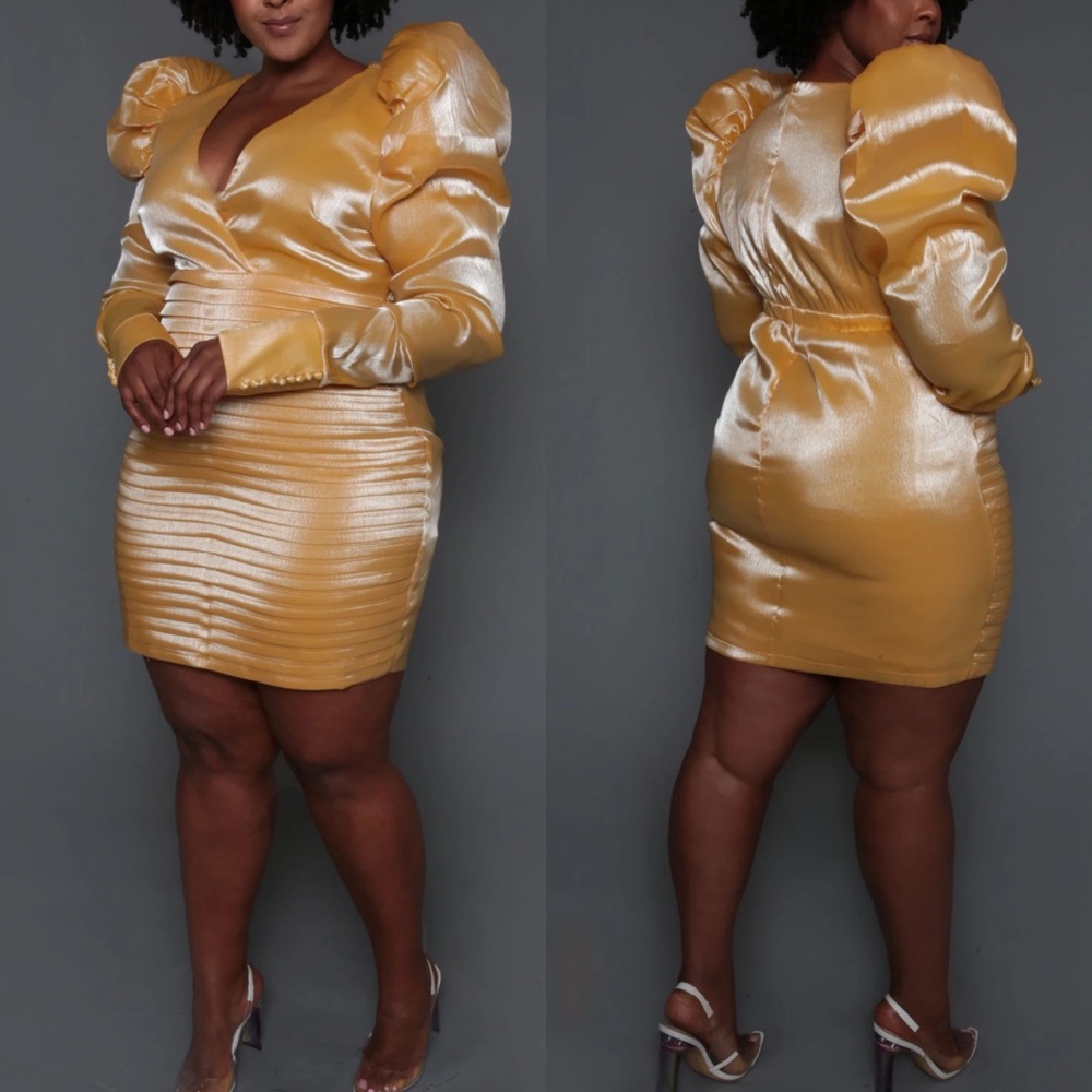 Golden Yellow Iridescent Puff Sleeve Dress